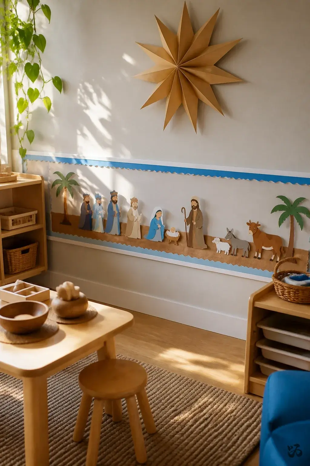 Christmas classroom wall decor idea: Paper Star Display on a Narrow Back Wall
