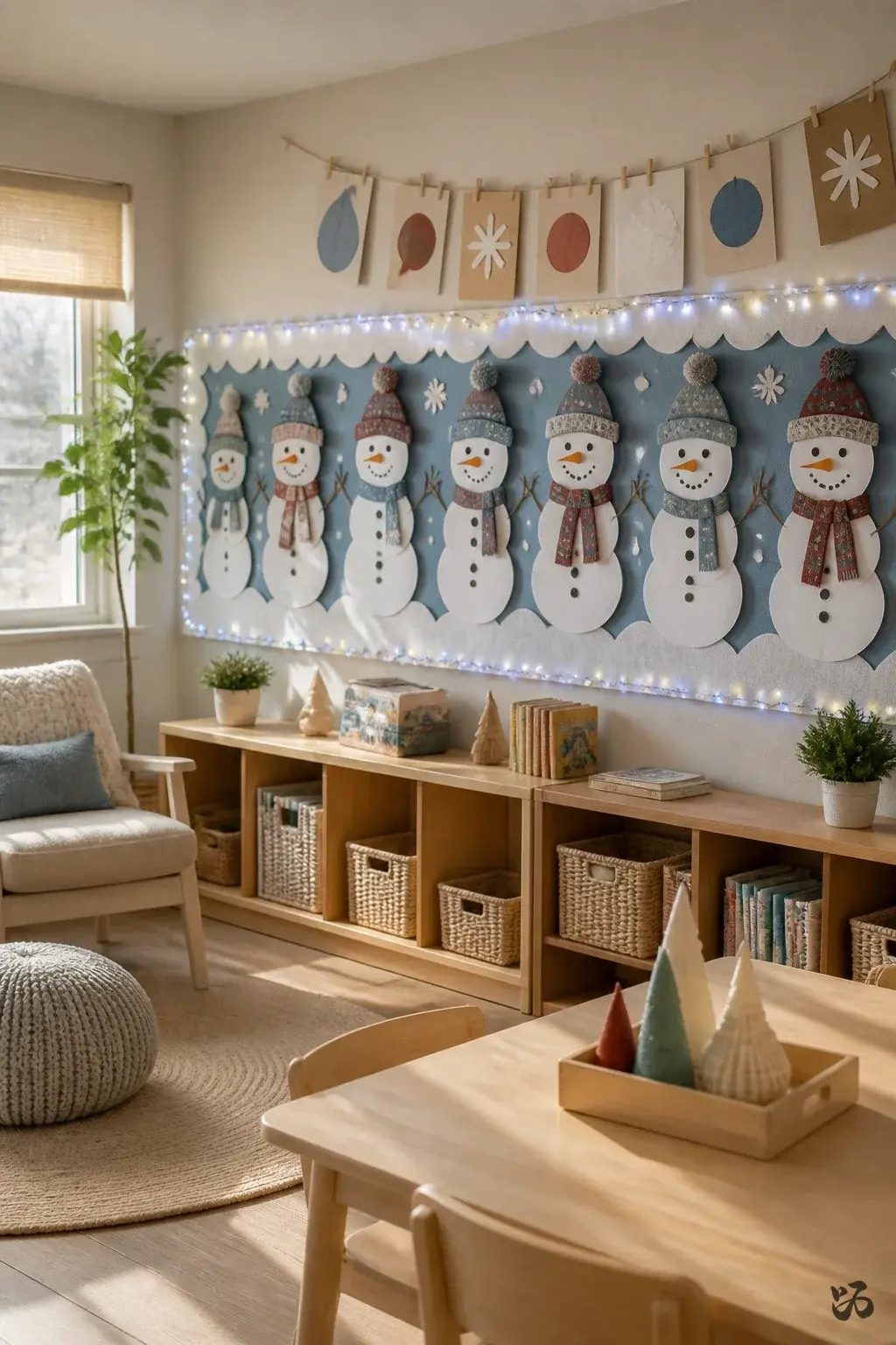 Christmas classroom wall decor idea: Snowman Gallery on a Bulletin Board Strip