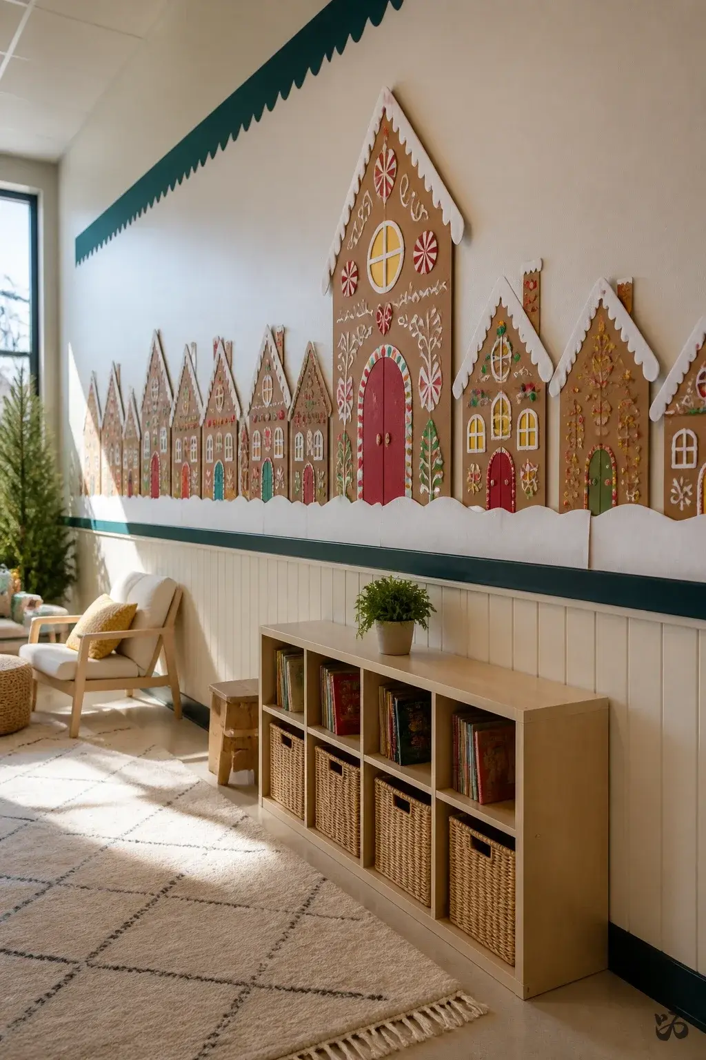 Christmas classroom wall decor idea: Gingerbread Village on a Corridor Wall