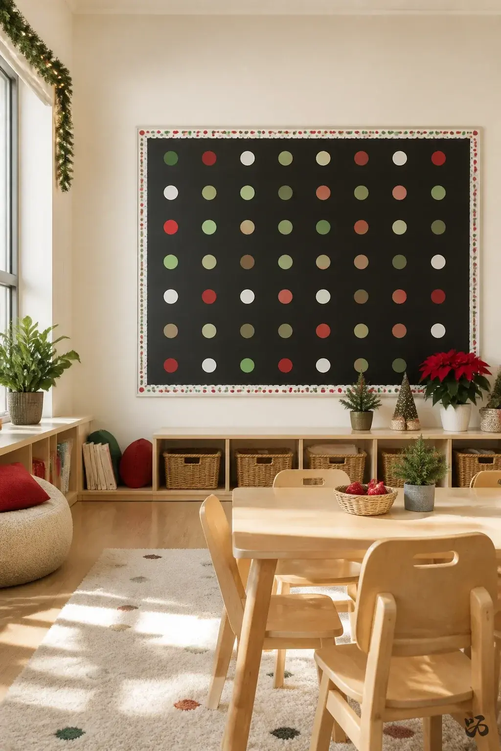 Christmas classroom wall decor idea: Joyful Dots on a Dark Backboard