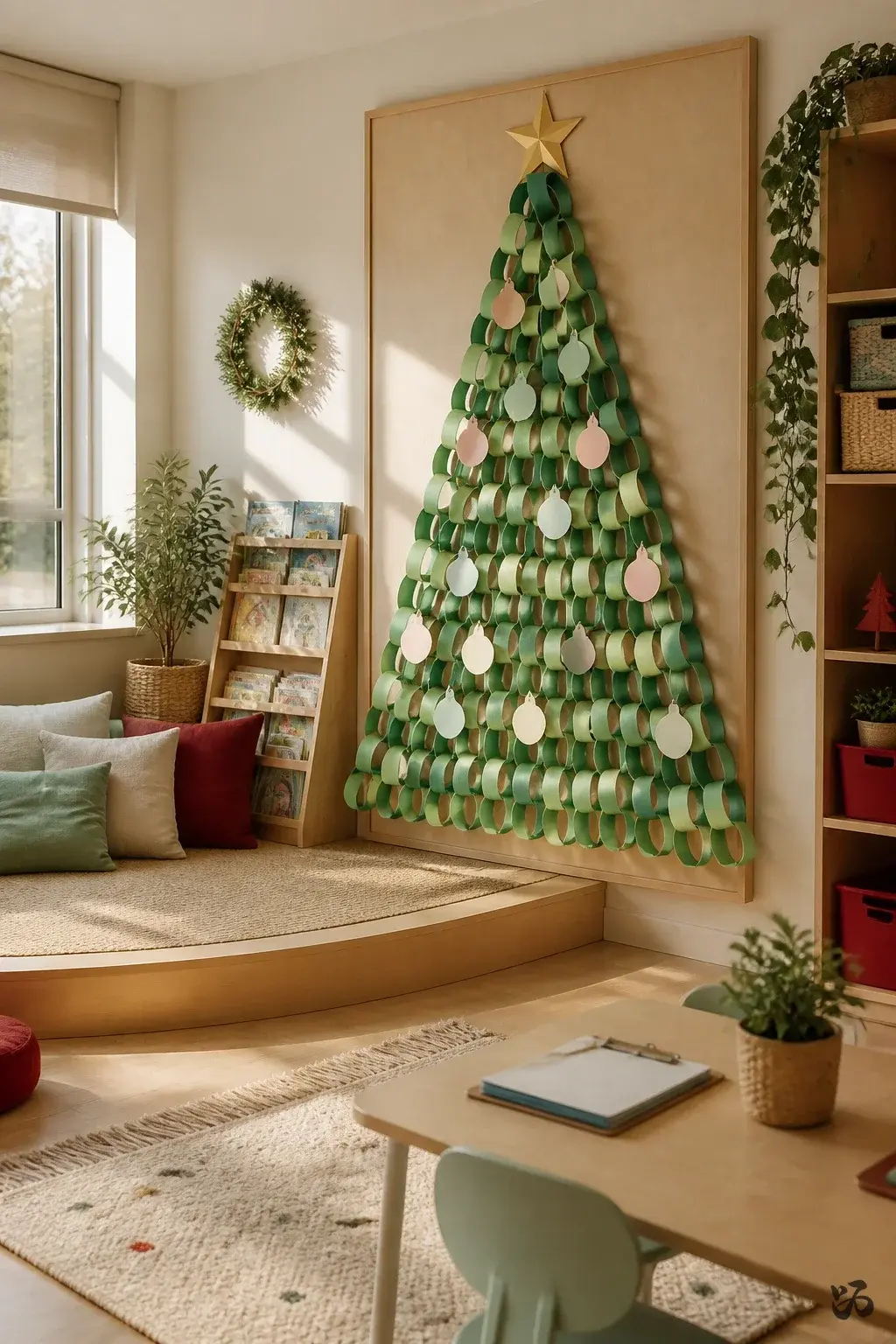Classroom Christmas tree idea: Paper Chain Christmas Tree on a Wall Panel