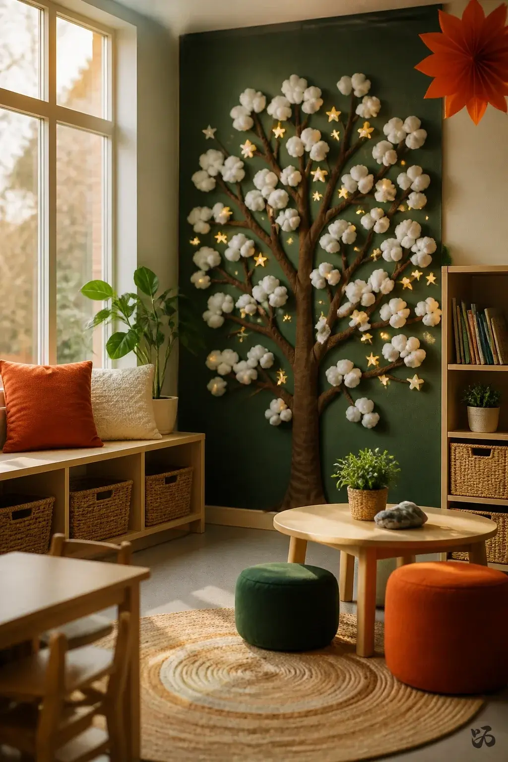 Classroom Christmas tree idea: Cotton-Ball Snow Tree on a Bulletin Board