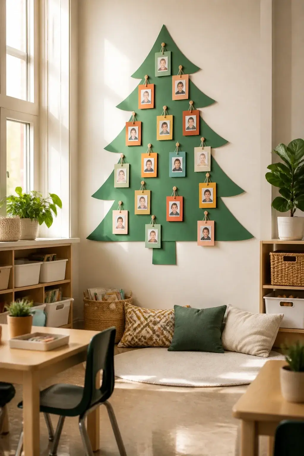 Classroom Christmas tree idea: Cardstock Christmas Tree with Student Photo Ornaments