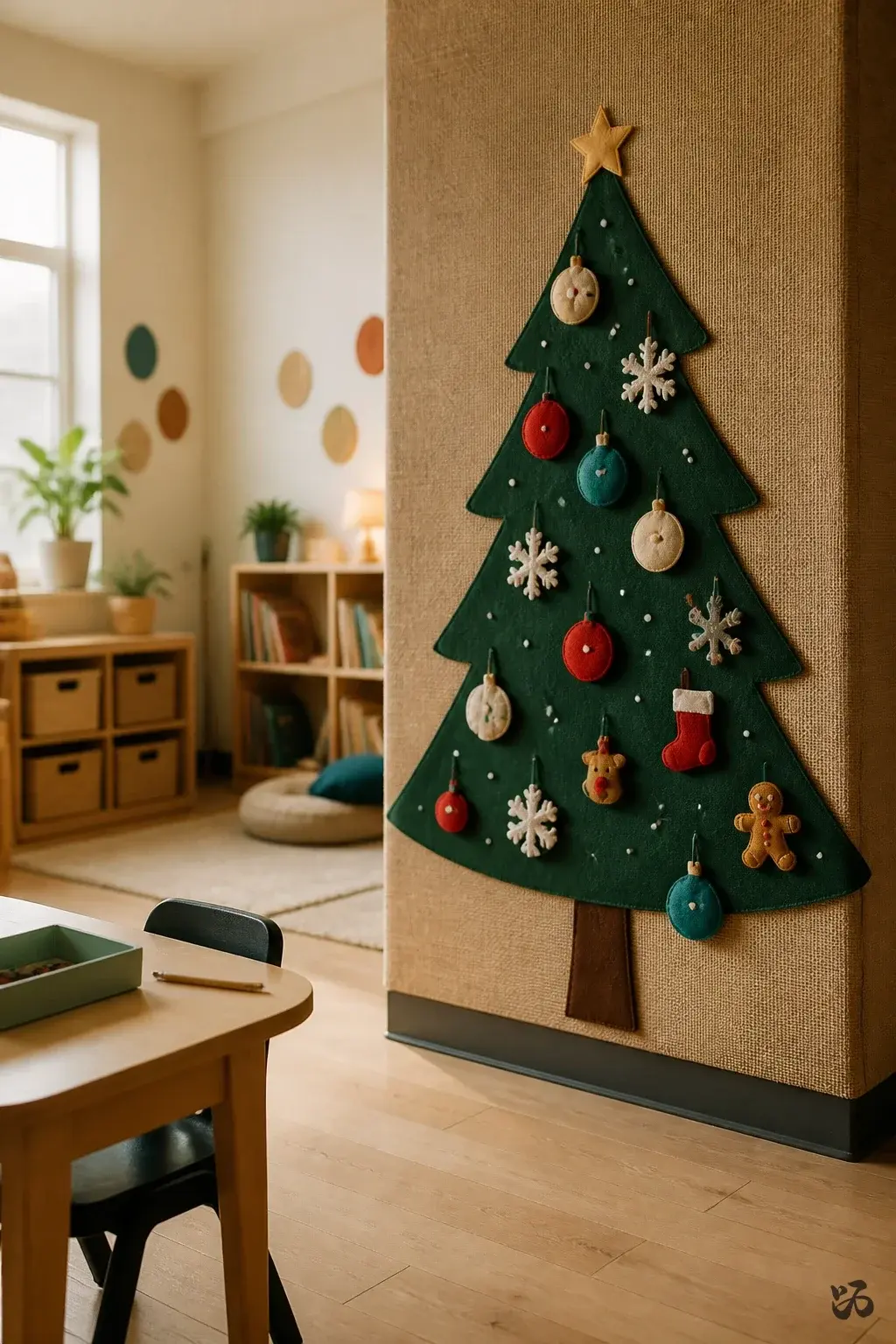 Classroom Christmas tree idea: Burlap Tree with Felt Ornaments