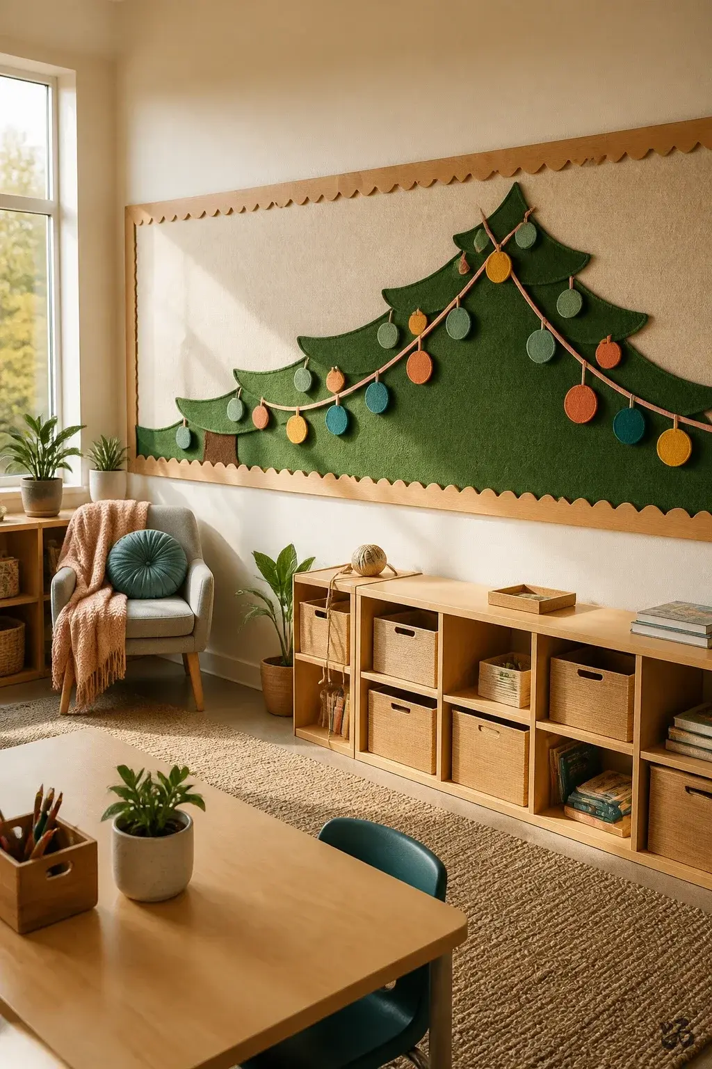 Classroom Christmas tree idea: Felt Tree Banner on a Long Bulletin Board