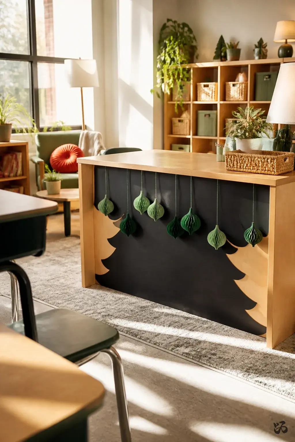 Classroom Christmas tree idea: Black Paper Tree on a Low Cabinet