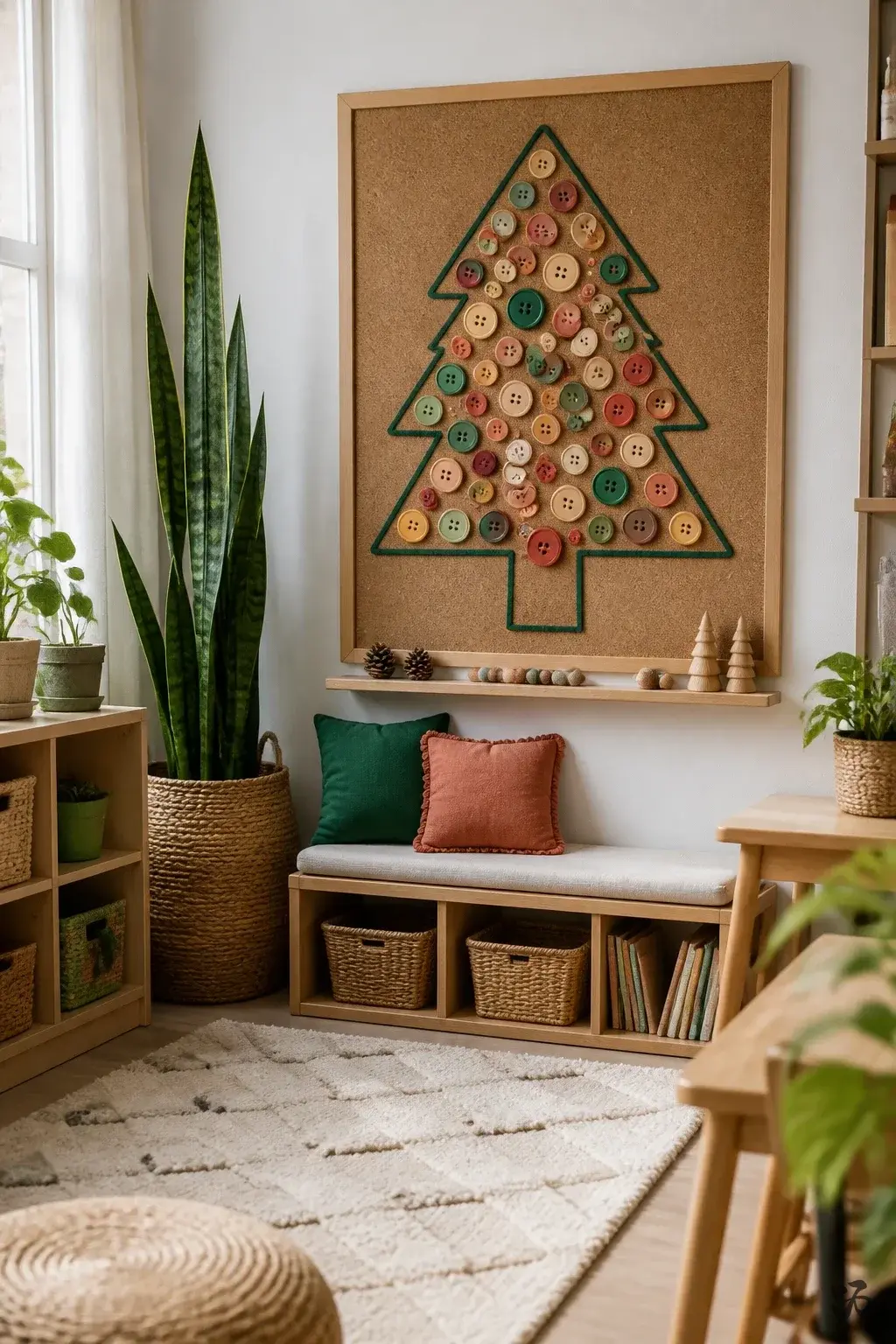 Classroom Christmas tree idea: Button Tree on Corkboard