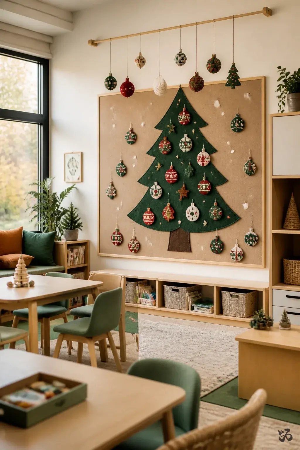 Classroom Christmas tree idea: Reusable Velcro Ornament Tree