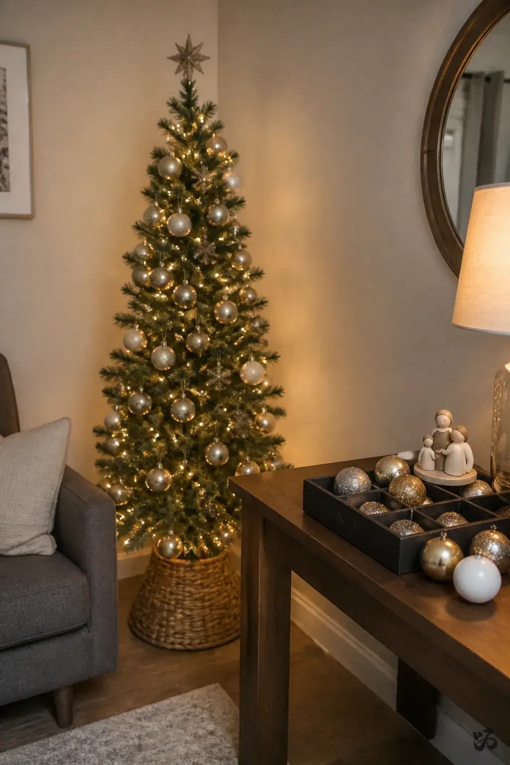 Classroom Christmas tree idea: Simple Corner Tree with Family Ornament Station