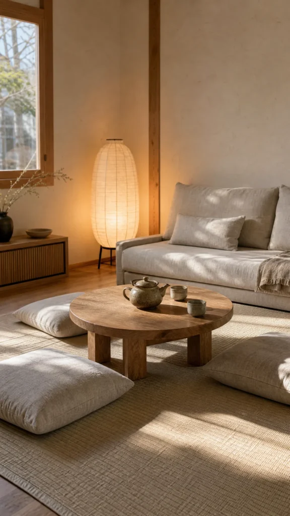 Japandi living room with a low round oak tea table surrounded by linen zabuton floor cushions and a glowing paper floor lamp