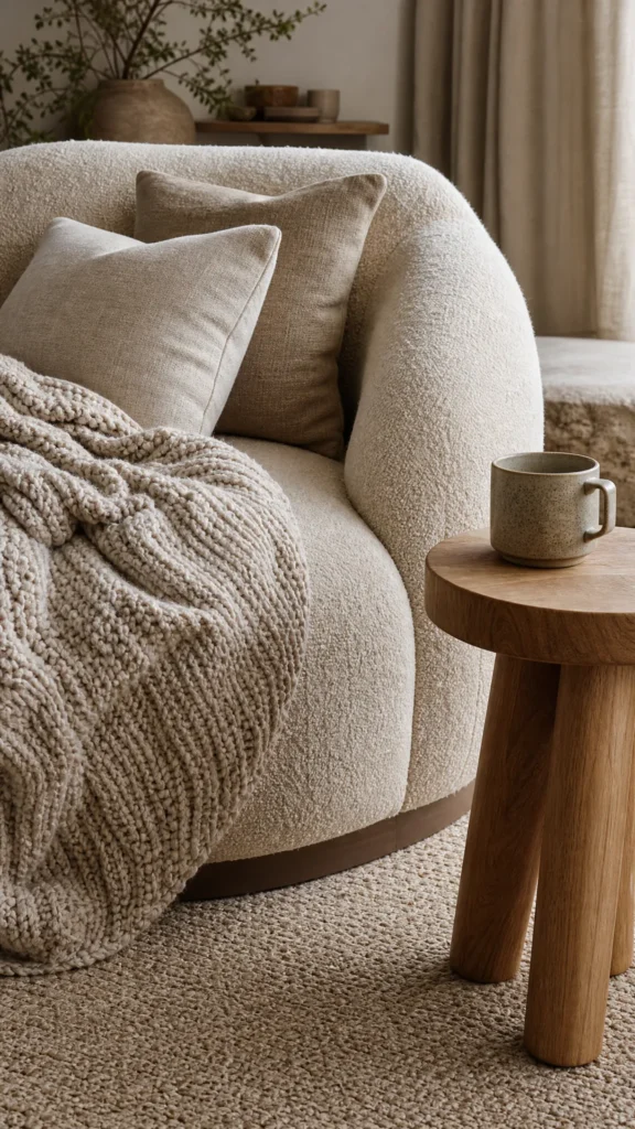Japandi living room detail with a cream boucle armchair, chunky oatmeal knit throw, linen cushions and wool rug