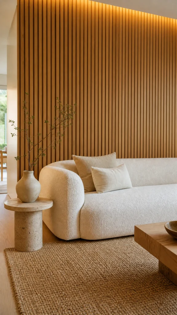 Japandi living room with a floor to ceiling light oak slat accent wall, cream boucle sofa and small travertine side table