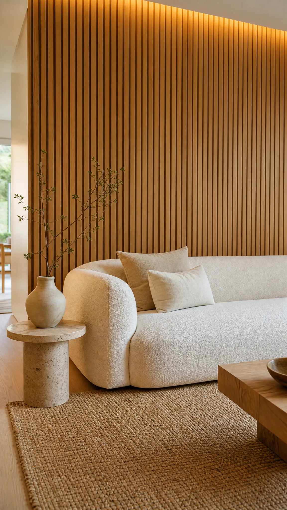japandi living room oak slat accent wall