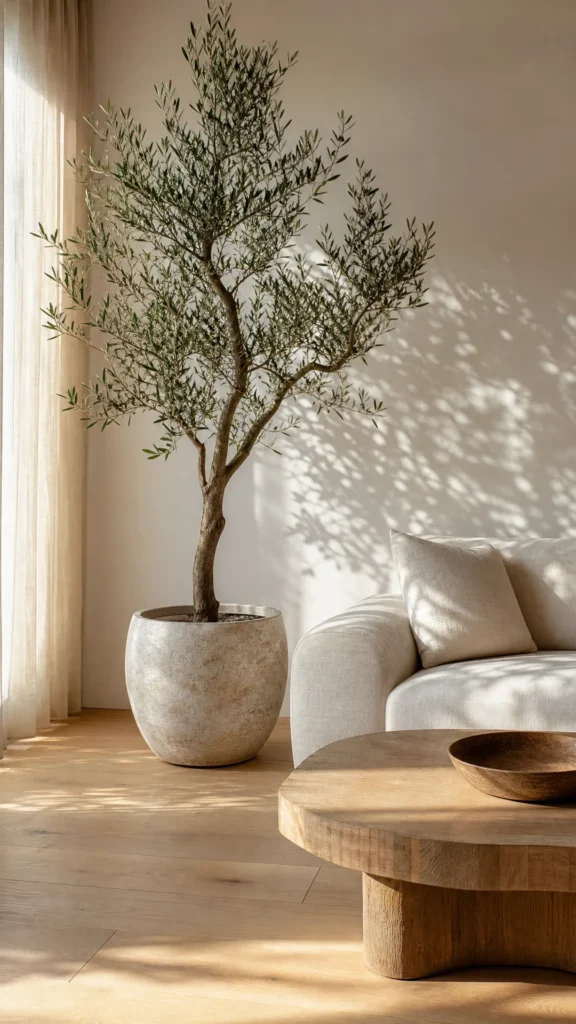 Japandi living room with a tall olive tree in a large stone colored ceramic planter beside a low cream sofa
