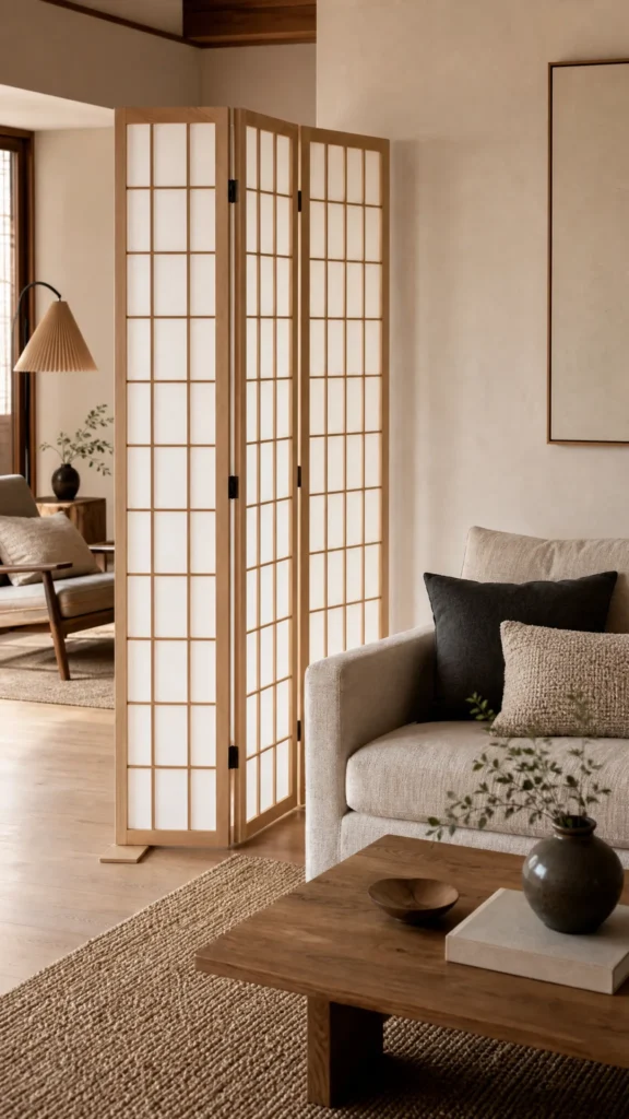 Japandi living room with a light wood and paper shoji style folding screen separating a small reading corner