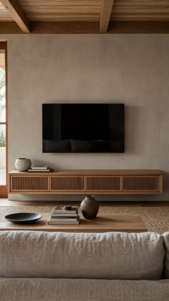 Japandi living room TV wall with a long low floating oak media console, limewash wall and no visible cables
