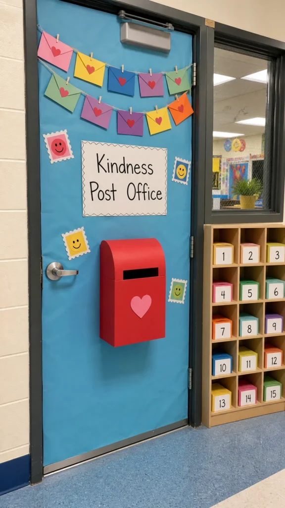 Kindness Post Office kindergarten classroom door with a red paper mailbox, envelope garland and numbered mail cubbies