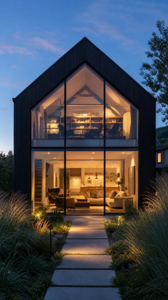 Loft style house with a black gabled exterior and a double height glass wall showing the mezzanine library at dusk