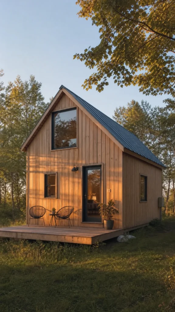 Low budget loft house idea: a small wood clad cabin with a steep roof, a sleeping loft window and a simple deck with two chairs