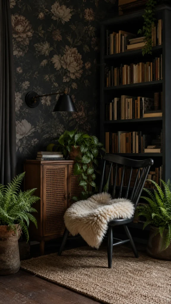 Botanical gothic home library corner with dark peony wallpaper, a black bookcase full of books, a rattan cane cabinet, a spindle chair with sheepskin and a black wall sconce