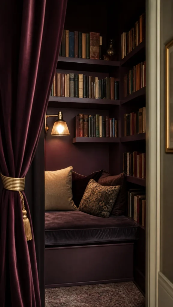 Small closet converted into a moody reading nook with dark plum walls, floating shelves full of books, a cushioned seat and a glowing plug in wall sconce
