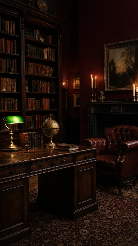 Dark academia home library study with oxblood red walls, dark wood bookcases of leather bound books, a wooden desk with a green banker's lamp and a leather chesterfield chair