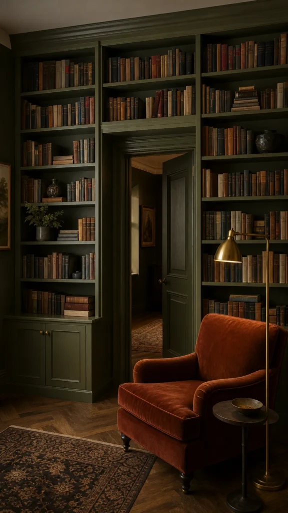 Dark olive green bookshelves built around and over an interior doorway, packed with books, with a rust velvet armchair and brass floor lamp