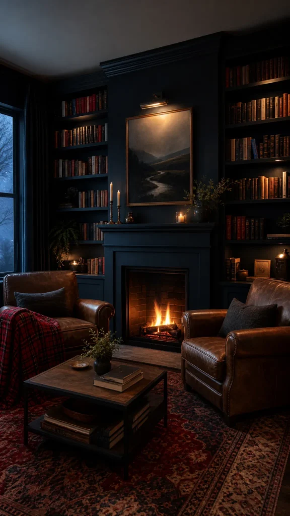 Moody home library living room with a glowing fireplace flanked by deep navy built-in bookshelves full of books and two leather armchairs