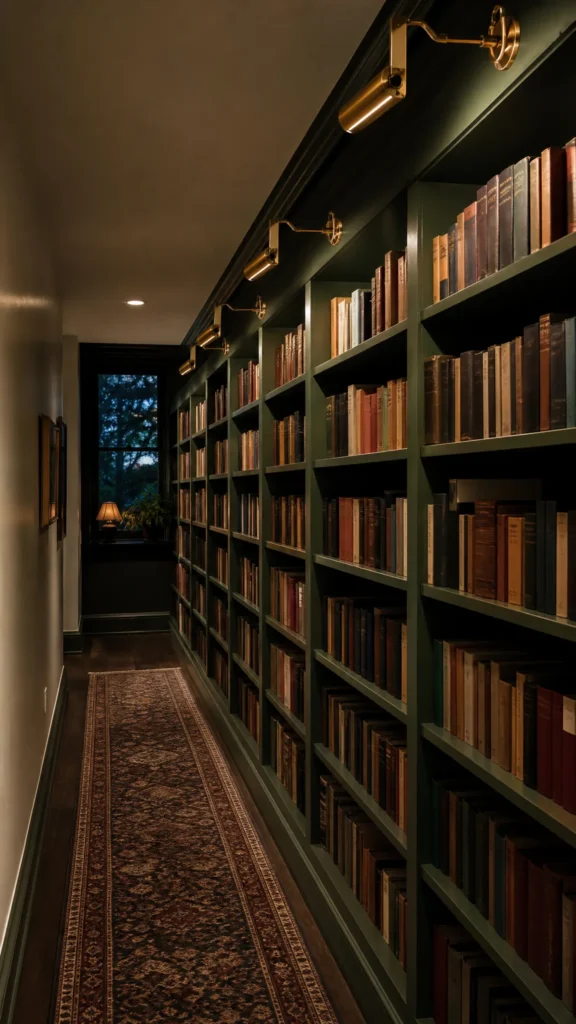 Long narrow hallway turned into a home library with a full wall of shallow dark green bookshelves filled with books and brass picture lights above