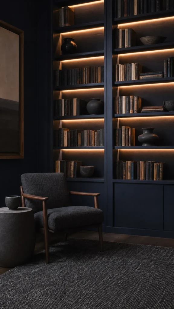 Home library wall with bookcases painted inky indigo to match the wall, packed with books and lit by warm LED strips, with a graphite lounge chair