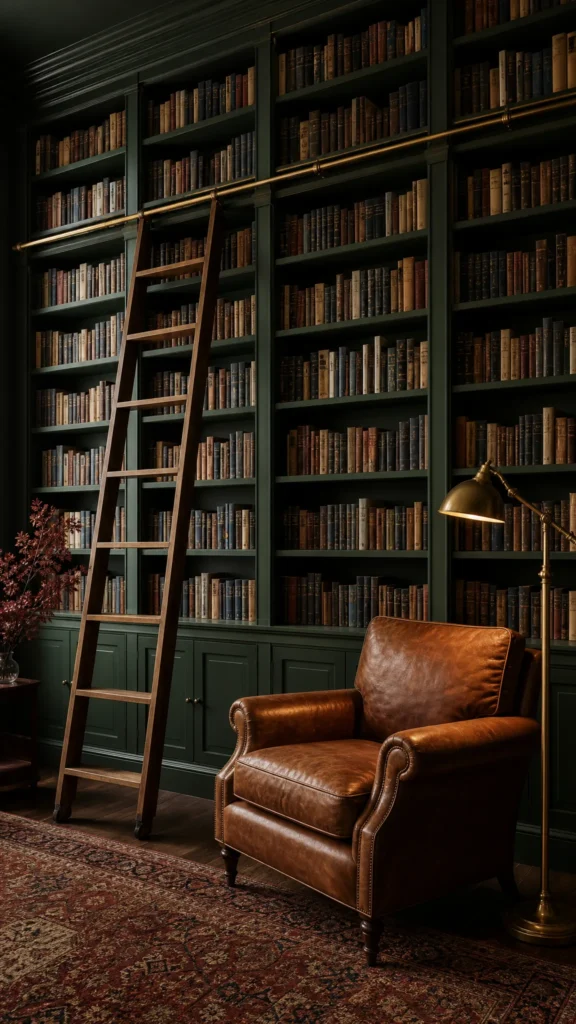 Floor to ceiling built-in bookcase wall painted deep forest green and filled with books, with a wooden library ladder, a leather armchair and a brass floor lamp