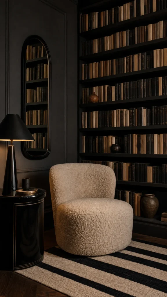 Parisian style home library corner with charcoal walls and picture frame molding, black floating shelves full of books, an arched mirror and a cream boucle chair