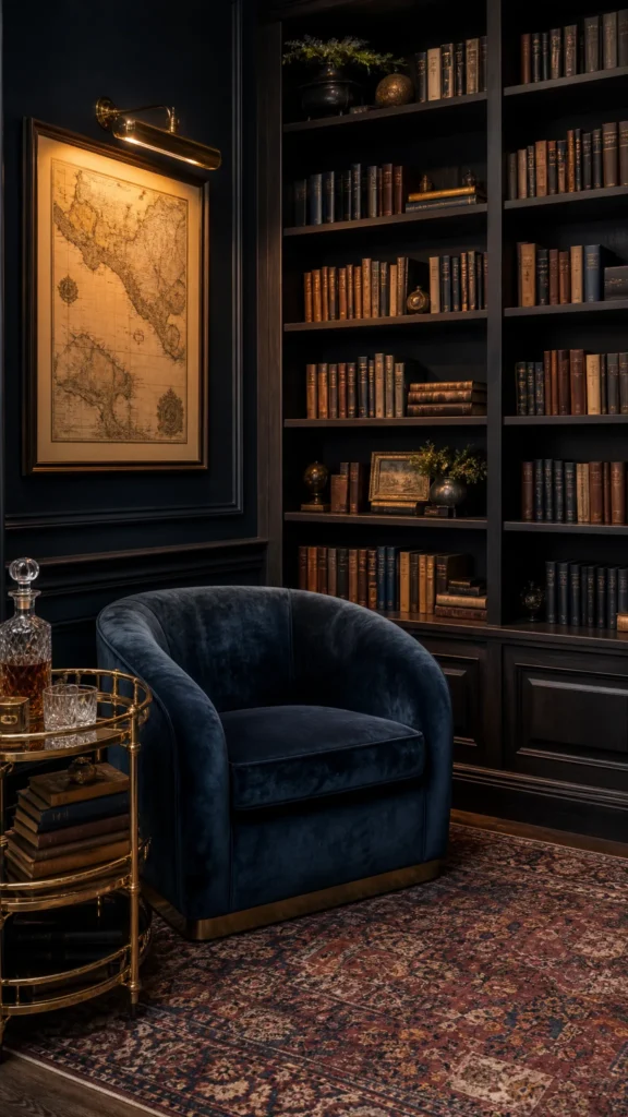 Speakeasy style home library with navy black wainscoting, dark bookshelves full of books, a picture light over a vintage map, a blue velvet chair and a bar cart