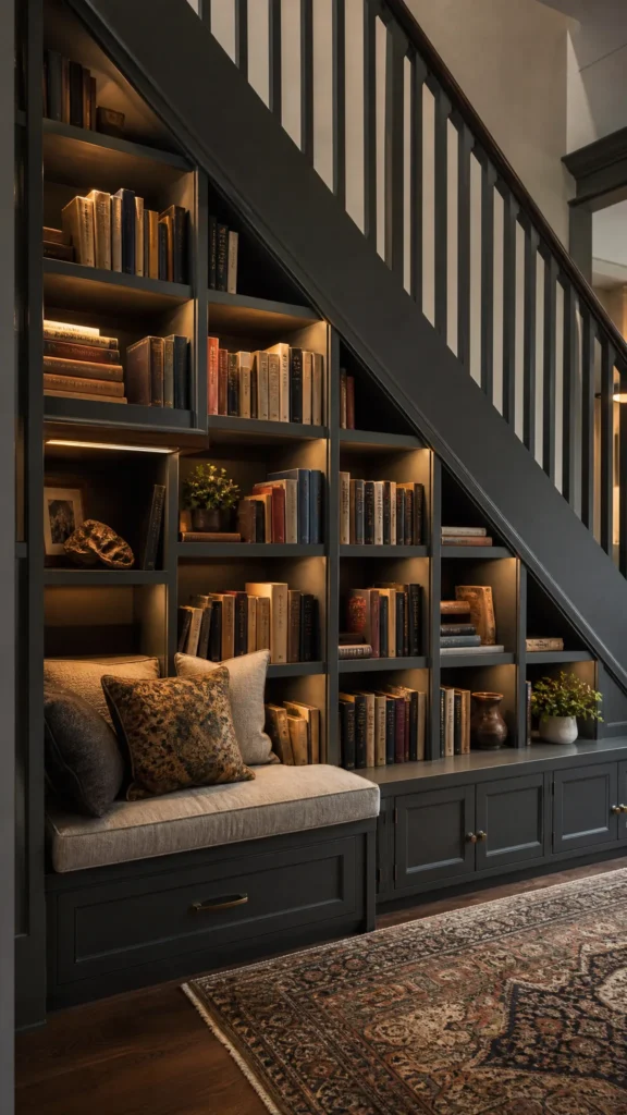 Home library built under a staircase with charcoal bookshelves fitted into the sloped space and a small cushioned reading bench tucked into the lowest part