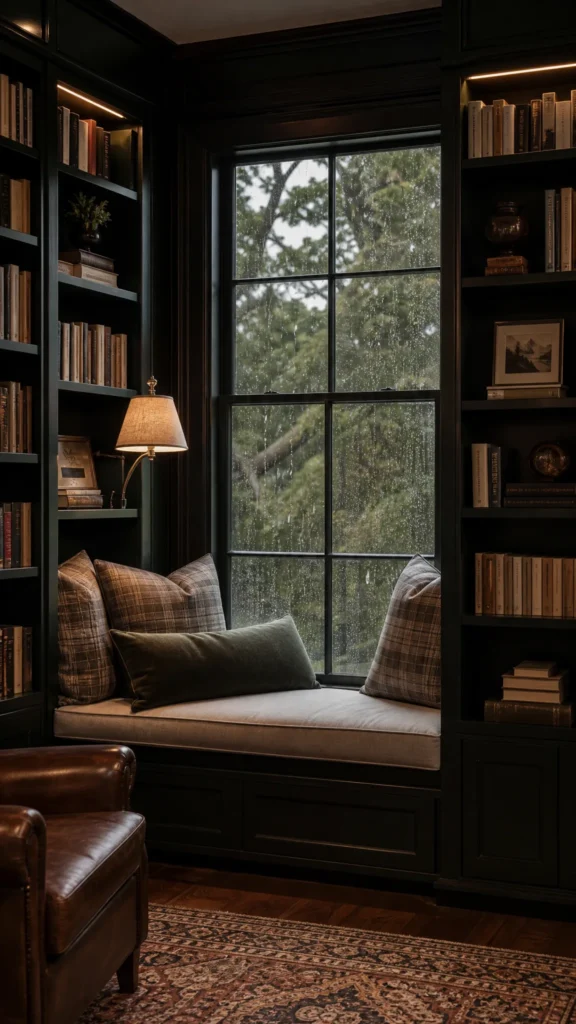 Window seat reading nook with dark green-black built-in bookshelves full of books on both sides of a large window and a cushioned bench with plaid pillows