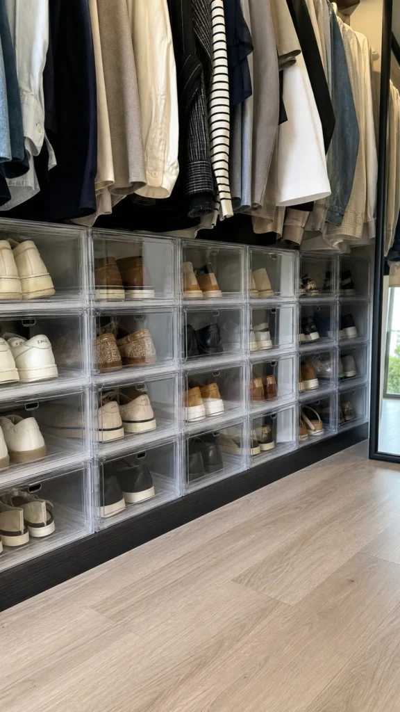 Closet floor with a wall of clear stackable shoe boxes with magnetic front doors showing each pair inside