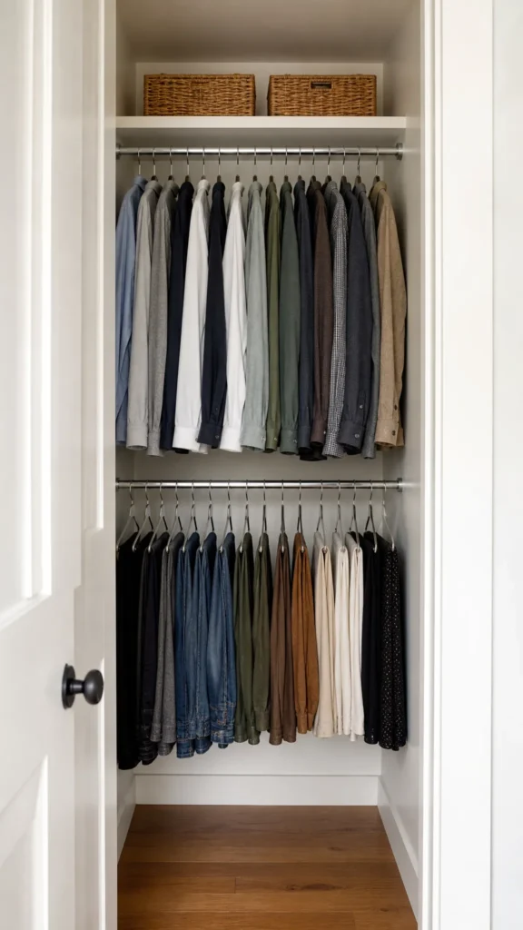 Small reach-in closet with a second hanging rod suspended below the main rod for shirts above and trousers below