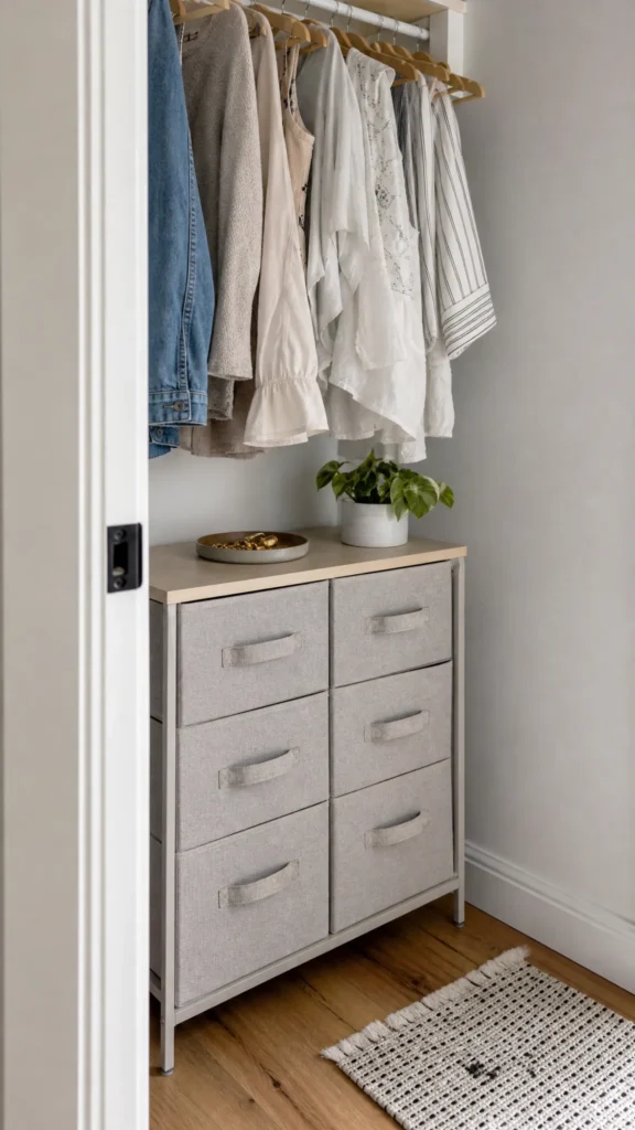 Small closet corner with a compact chest of gray fabric drawers tucked under short hanging clothes