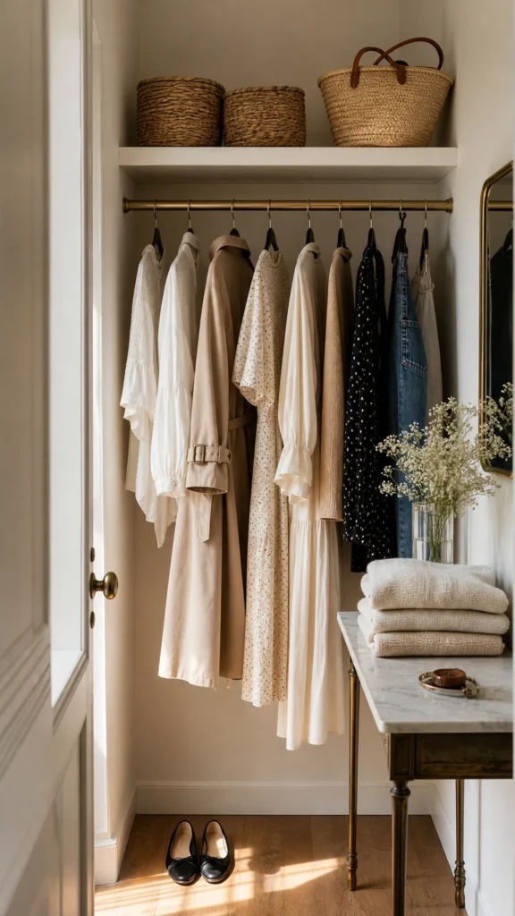 Small reach-in closet styled as a Parisian capsule wardrobe with a brass rod, neutral clothes on slim velvet hangers and woven baskets