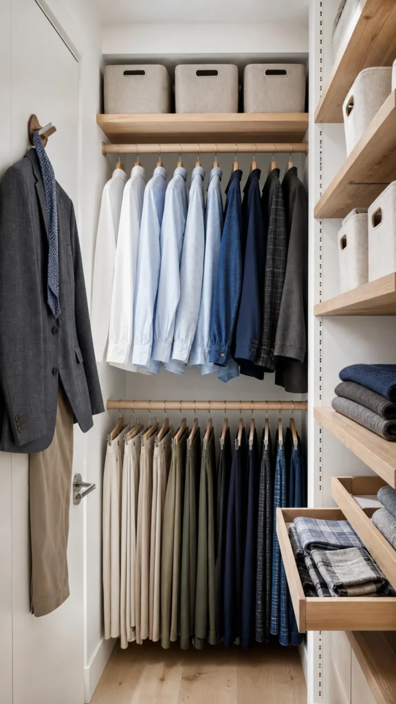 Small Scandinavian closet with oak shelving, double hanging rods with shirts above and trousers below, and labeled fabric bins