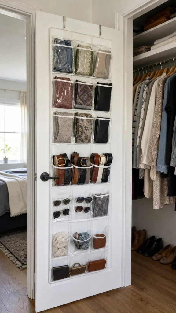 Inside of a closet door fitted with a clear pocket over-the-door organizer holding scarves, belts and accessories