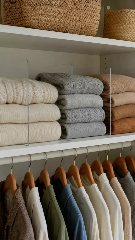 Closet shelf with clear acrylic dividers holding neat stacks of folded sweaters in cream, gray and camel