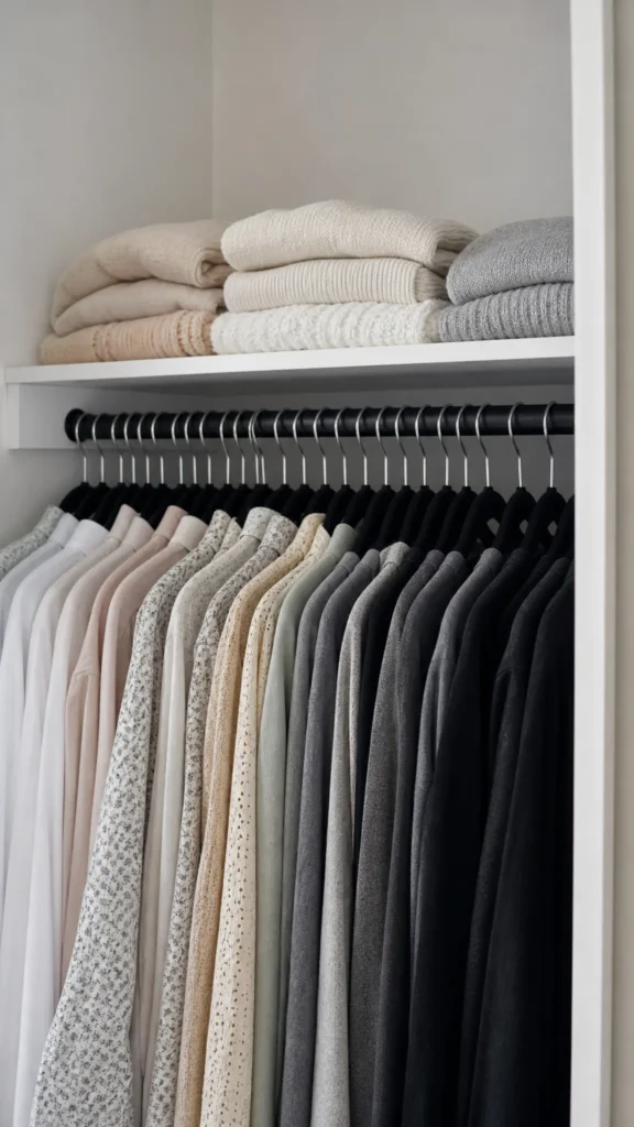 Small closet rod lined with matching slim black velvet hangers holding shirts and knitwear evenly spaced