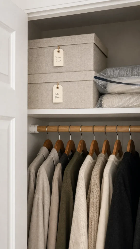 Top shelf of a small closet with matching lidded linen storage boxes and a vacuum-sealed bag of winter sweaters