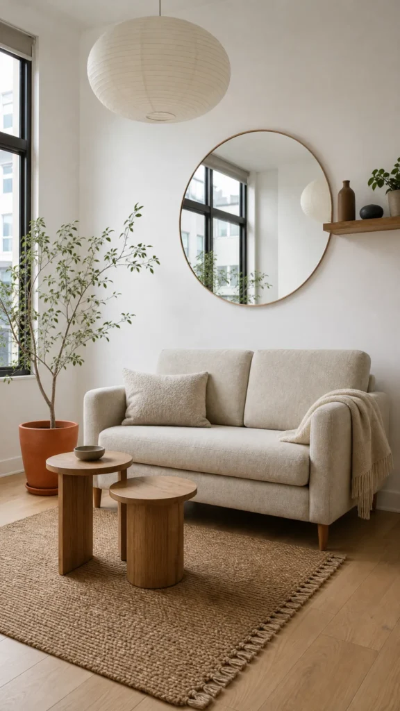 Small Japandi living room in an apartment with a compact linen loveseat, large round mirror, nesting oak side tables and paper pendant