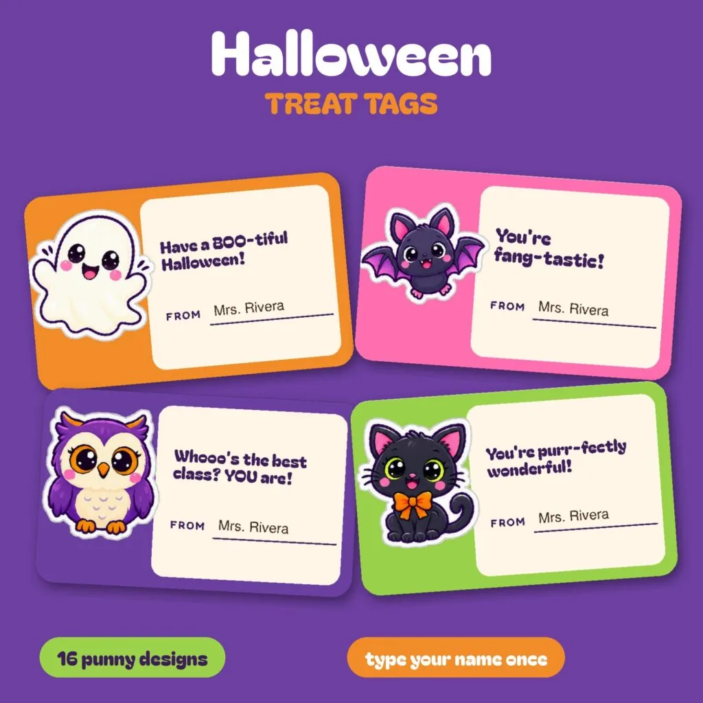 Spooktacular Halloween treat tags for students with punny ghost, bat, owl and cat designs