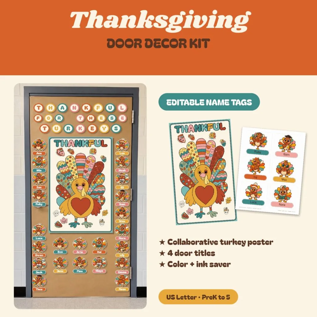 Thankful Turkeys Thanksgiving classroom door kit with a collaborative turkey poster and editable name tags