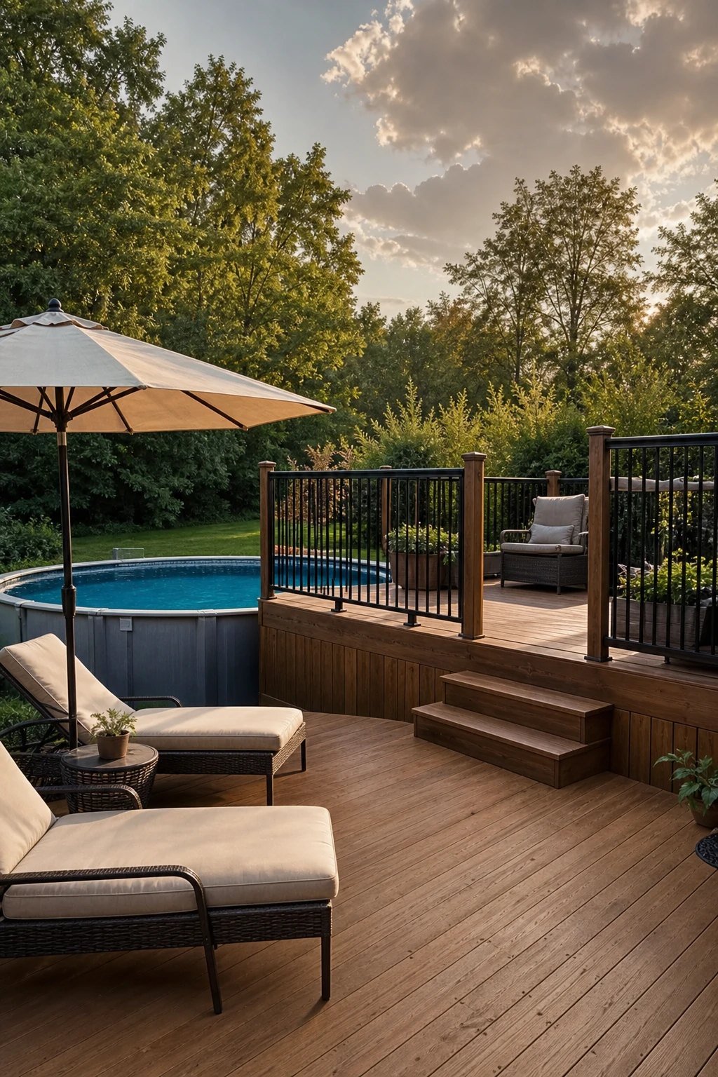 A two level deck with a lounge area