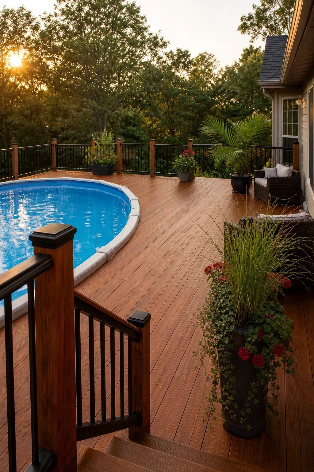 A warm stained wood deck