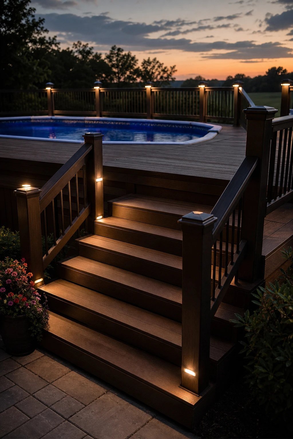 Wide steps with handrails